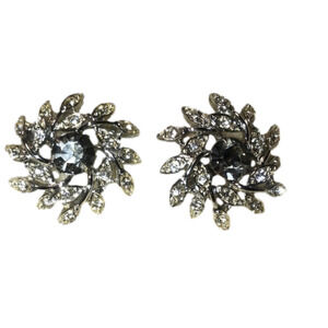 𝅺vtg Grey White Crystal Clip On Costume Earrings Floral Flower Design 1”